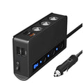 Black and red 3-port QC3.0 car charger with 70cm cable, ABS body 13x7.4x3cm.
