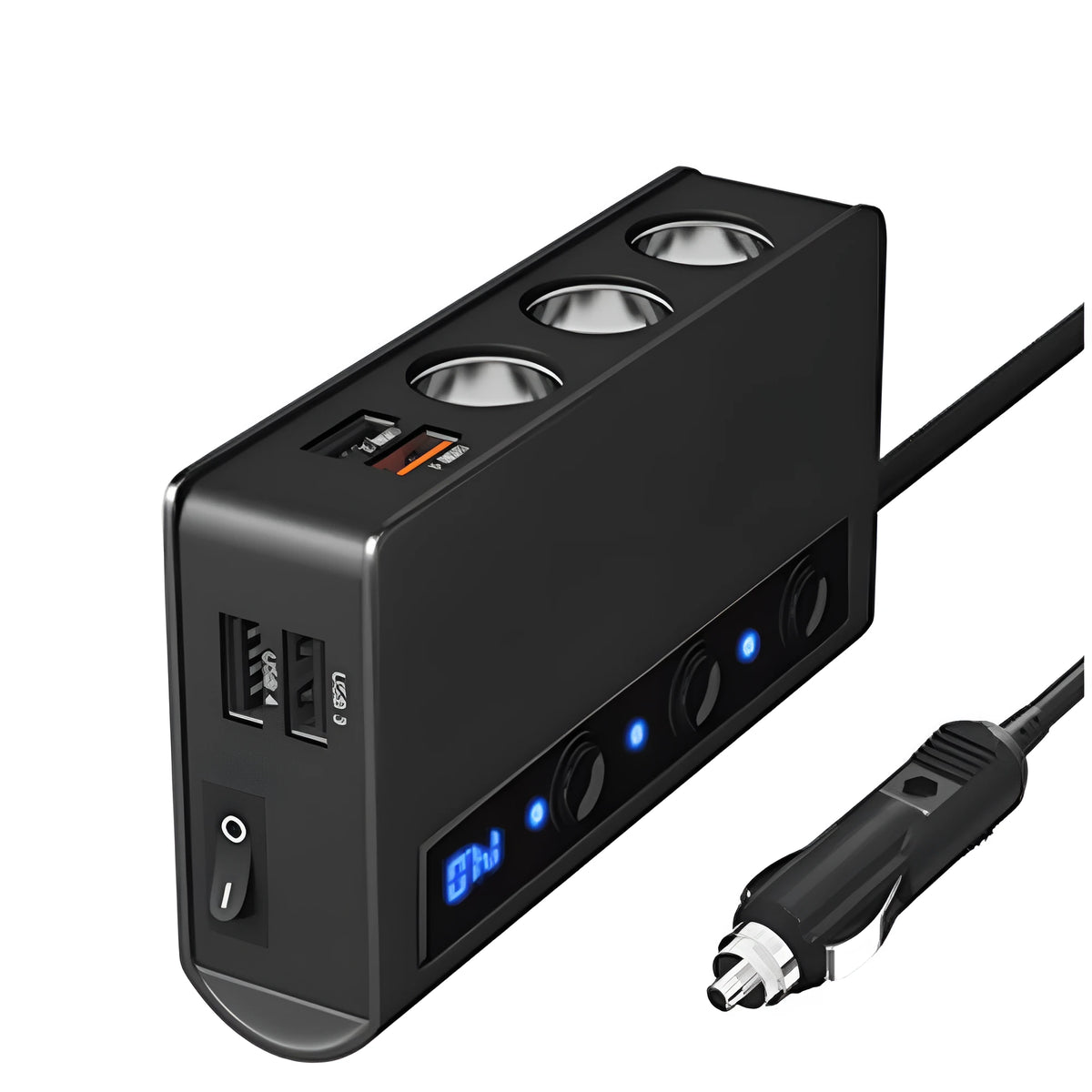 Black and red 3-port QC3.0 car charger with 70cm cable, ABS body 13x7.4x3cm.