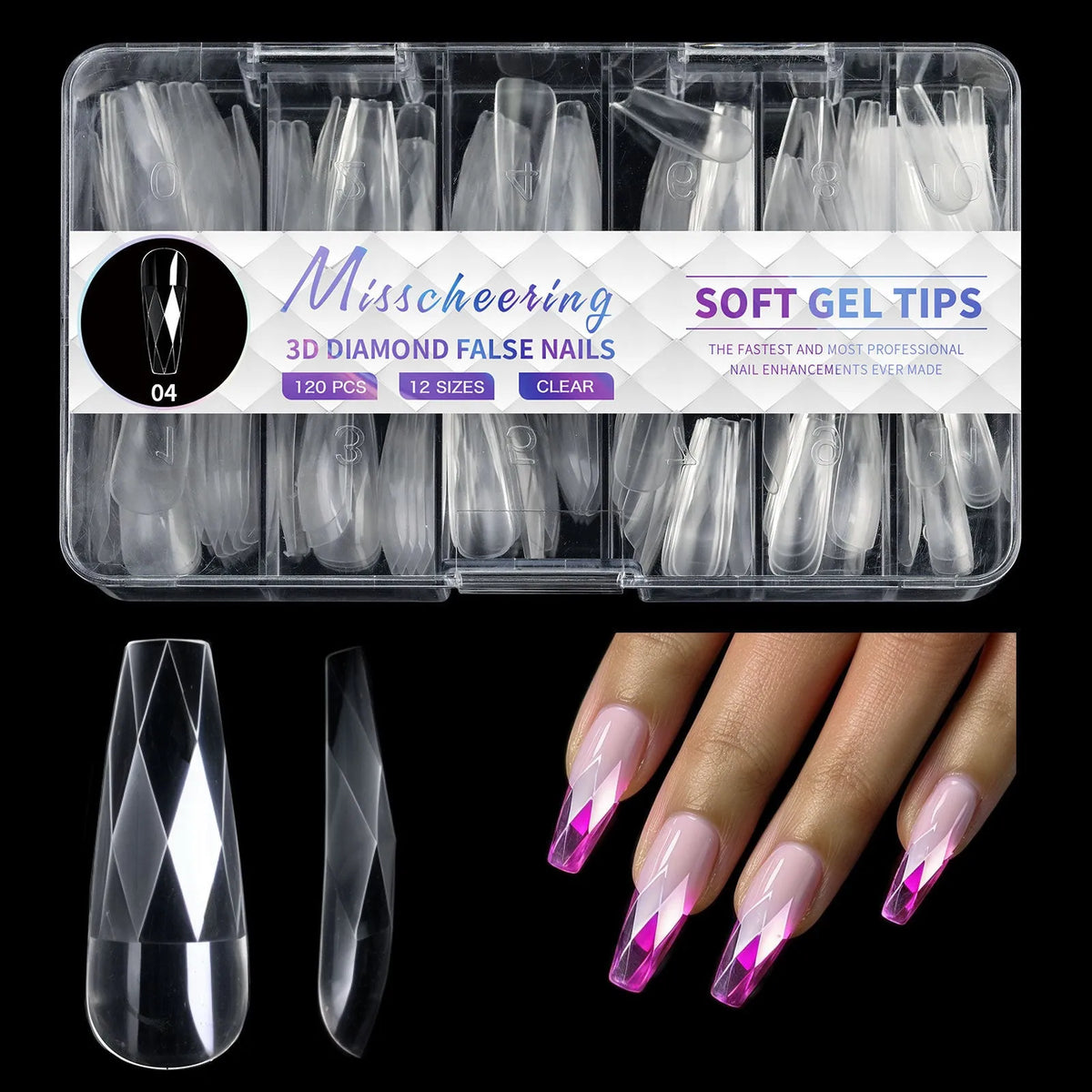 Set of 3D diamond texture long artificial nail tips in various colours from Diamond Nail collections.