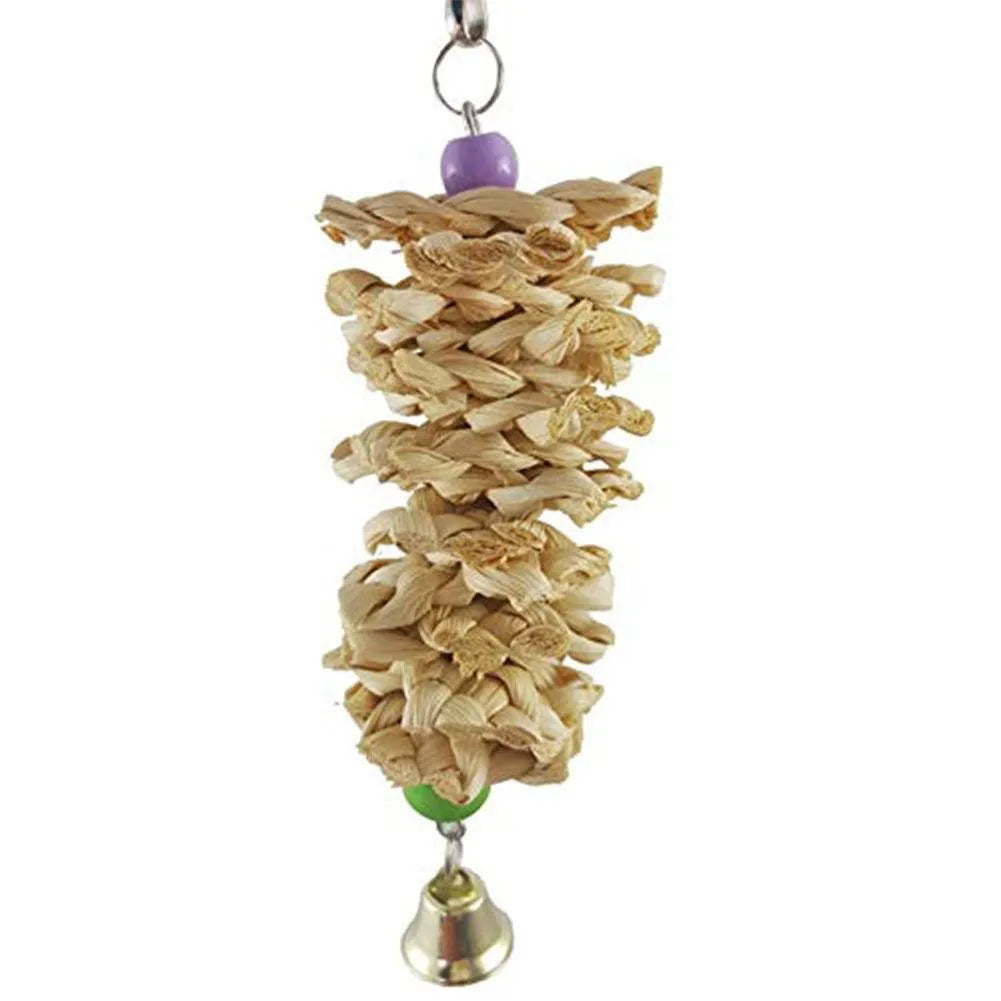 Natural grass parrot toy with bell, hanging from cage with hook, brown, 18-20 cm length