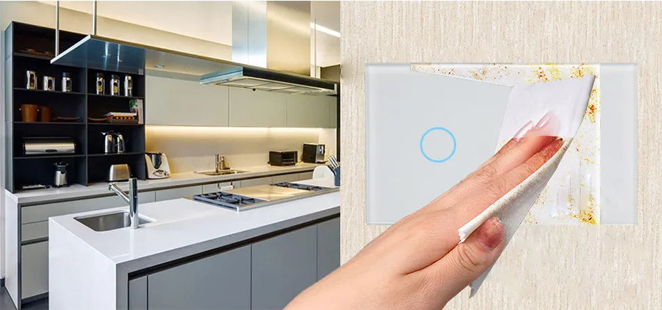 White RF remote control touch wall switch with tempered glass panel and 2-gang configuration