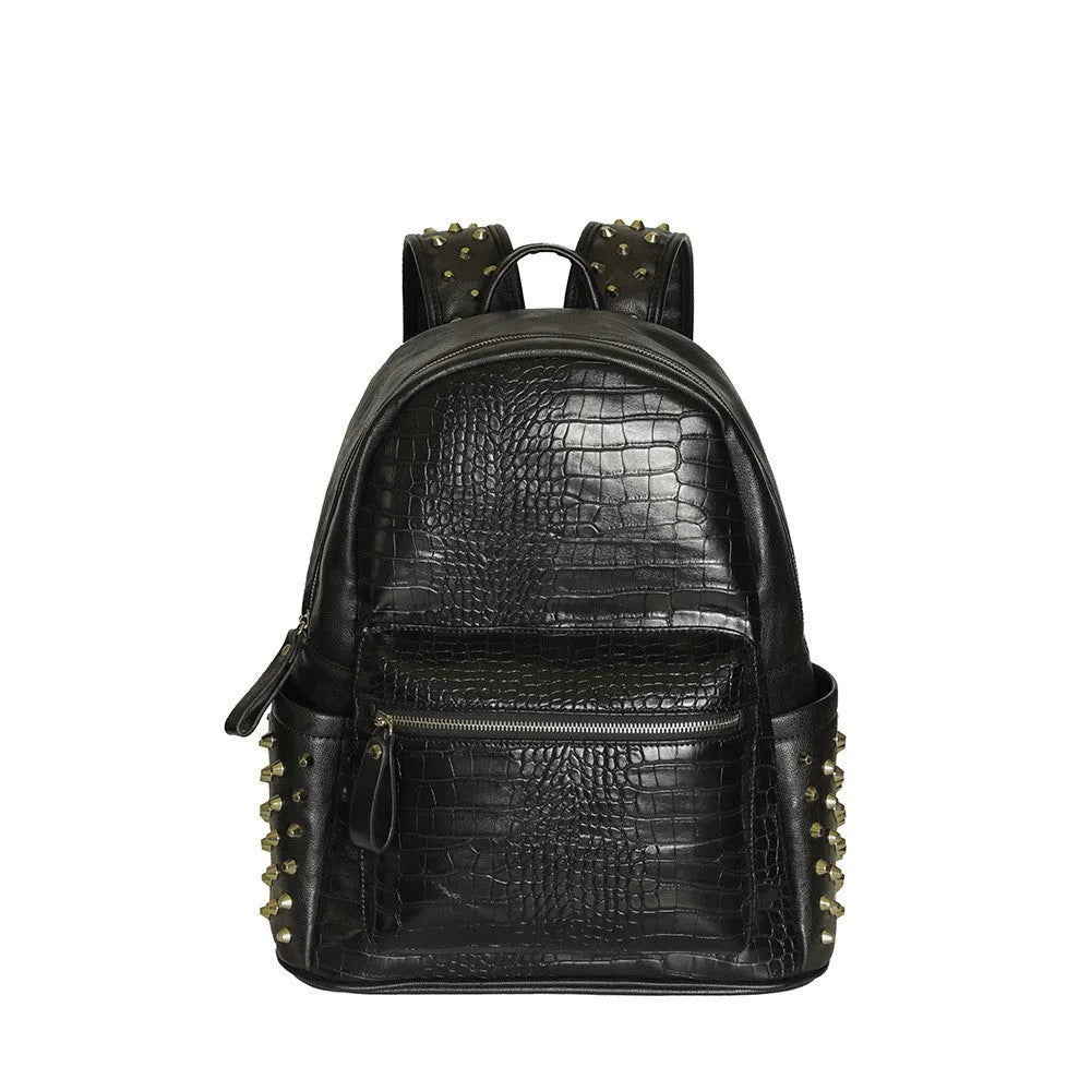 Black PU leather computer schoolbag with rivets showing 55 litre capacity