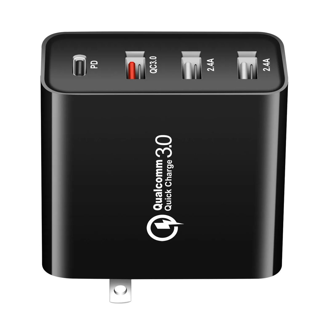 Black or white 48W PD charger with four USB-C ports and interchangeable UK, US, EU, AU plugs.