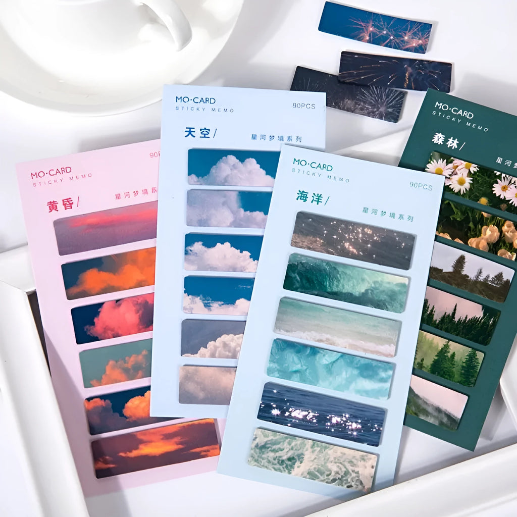 Pack of 90 night sky star index post-it notes in six colours: sky, moon, ocean, dusk, forest, and petard.