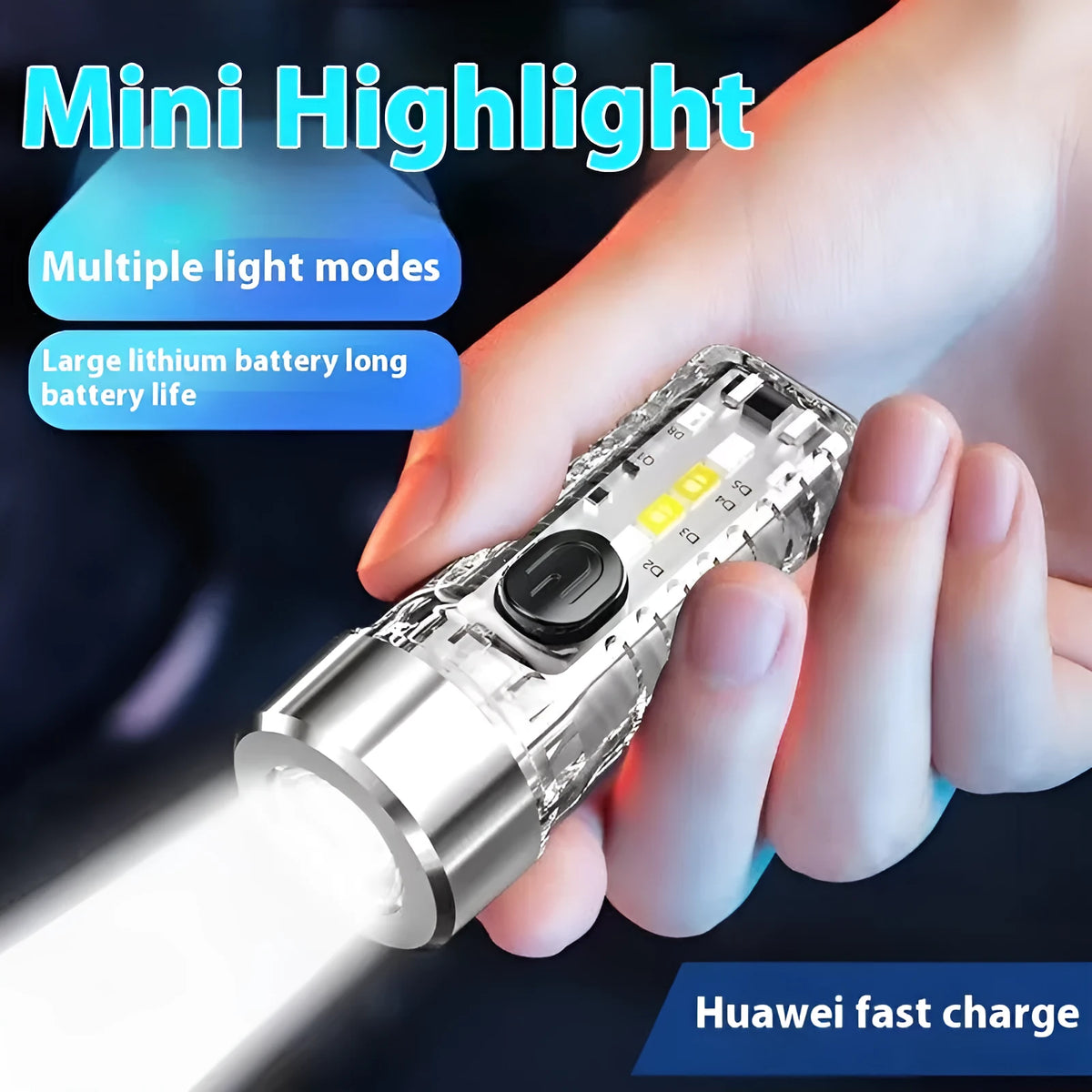 USB keychain light in ultra-thin ABS with keychain fitting, shown in red, blue, green, or transparent for night lighting and camping