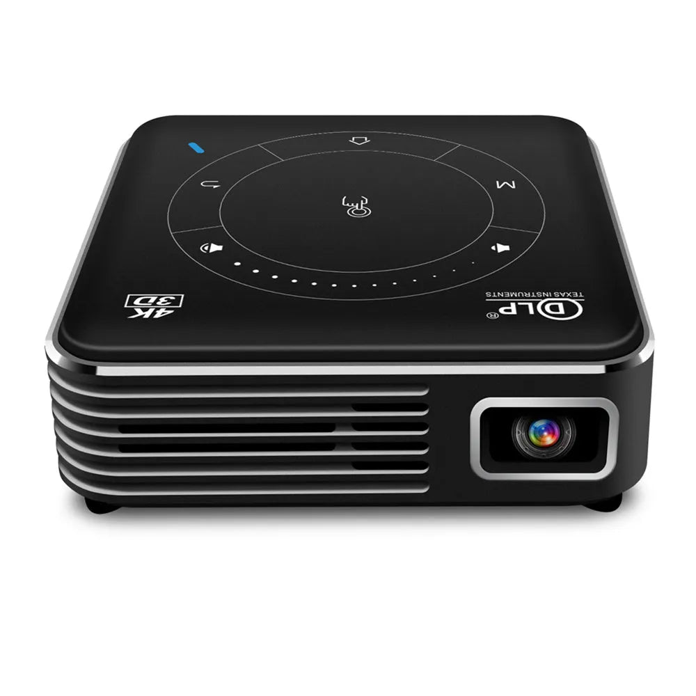 Android portable phone projector, DLP, 854x480dpi, 2000-3000 lumens, 8 x 8 x 2.8 cm, black and grey