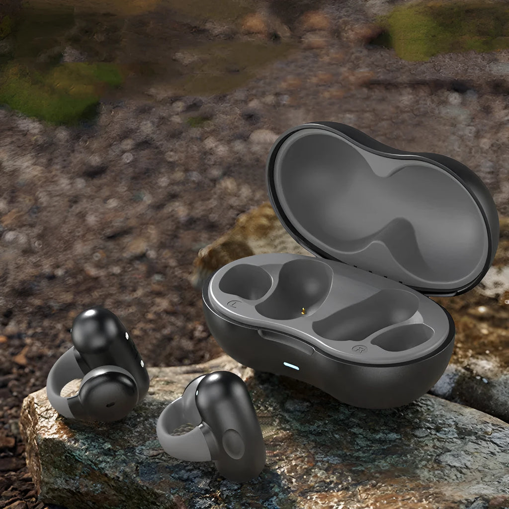 Wireless Bluetooth sports headset grey white ear clip design with compact charging cable