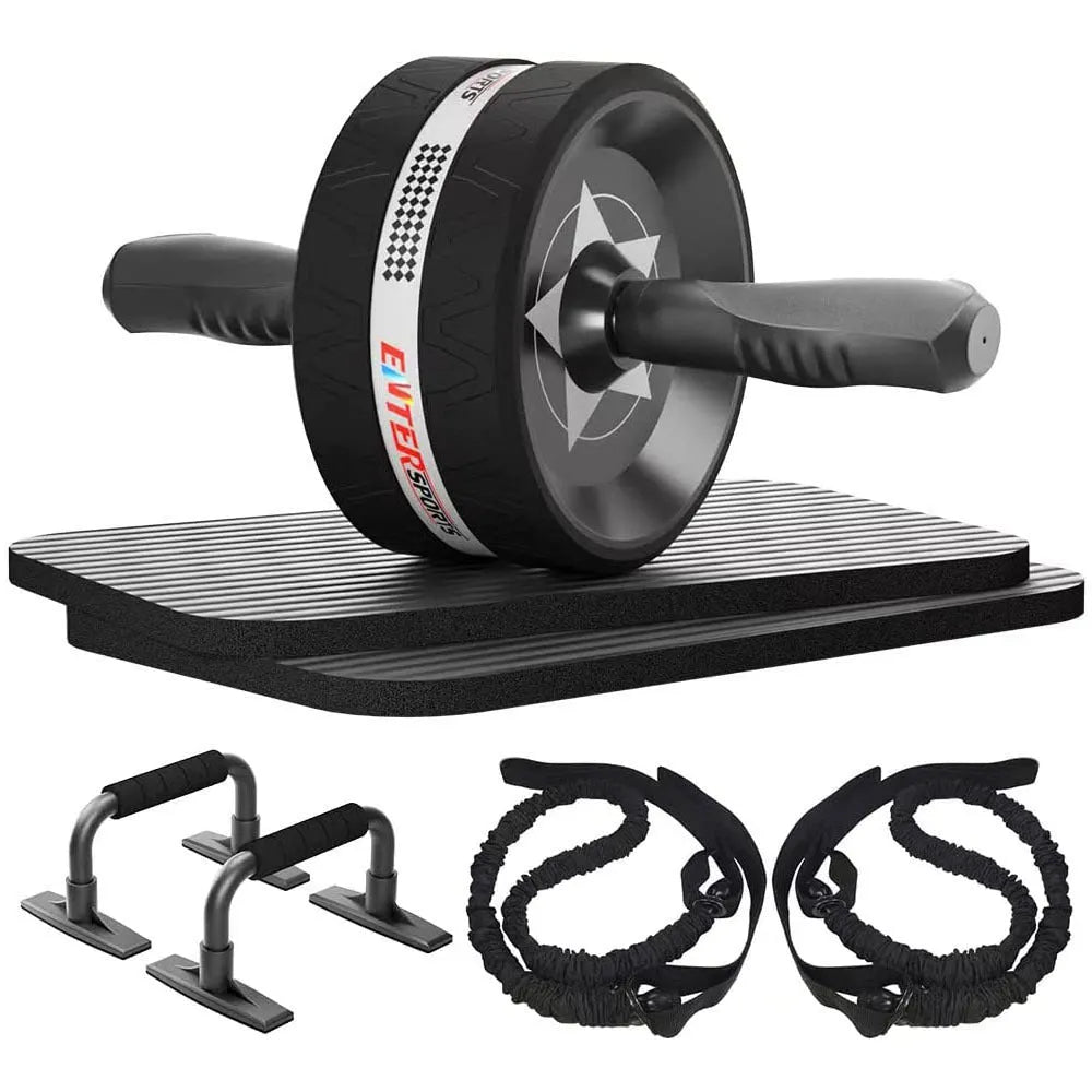 Set of seven abdominal wheels with dual handles in red, green, black, and blue colours for home fitness training.