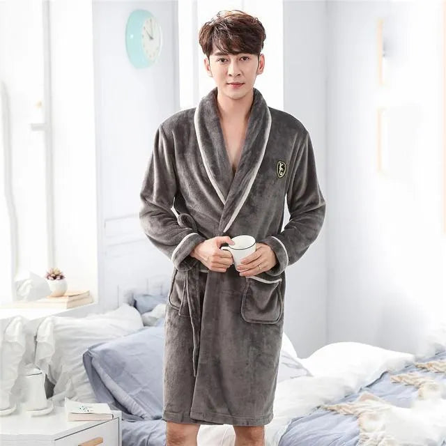 Winter flannelette wool sleep robe gown in solid colour, available for men and women, sizes M to 3XL