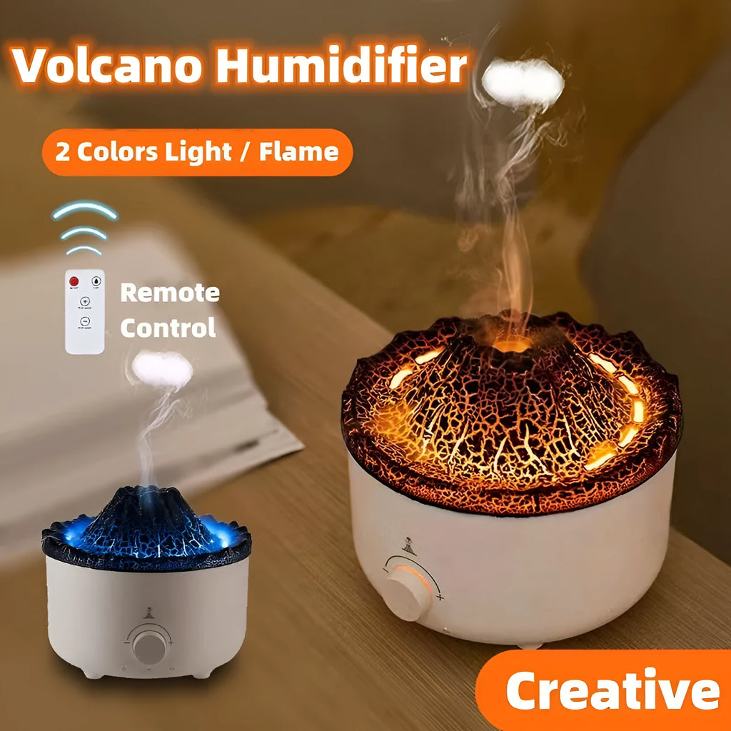 White volcano-shaped humidifier with flame effect lighting and remote control