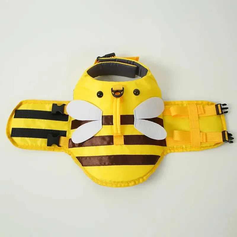 Green dog life vest with reflective trim and plastic buckles on a dog model.