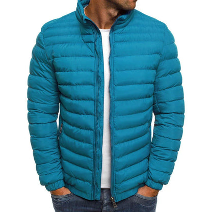 Insulated men's jacket in various color options with features like zippered pockets, long sleeves, and padded lining for warmth and versatility