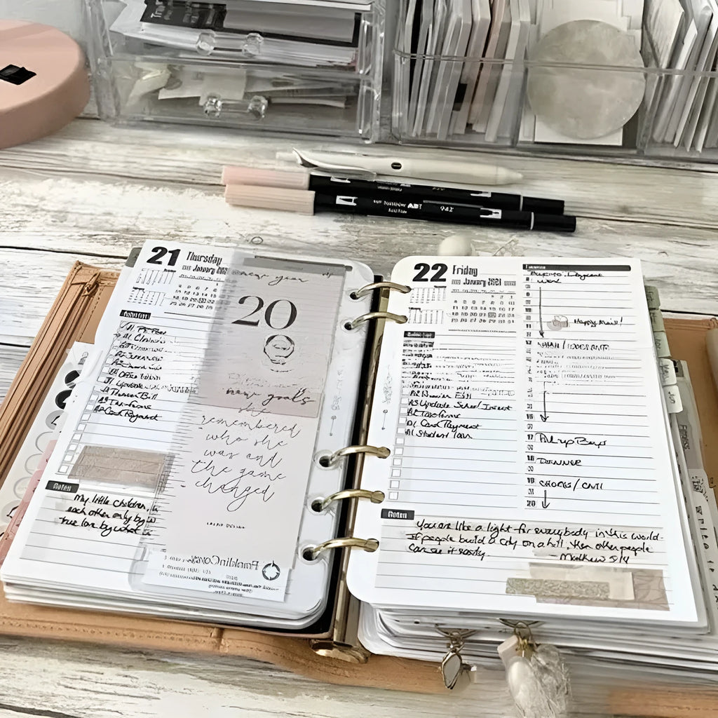 Weekly planner notebook with black or brown cover and coated paper pages in European style