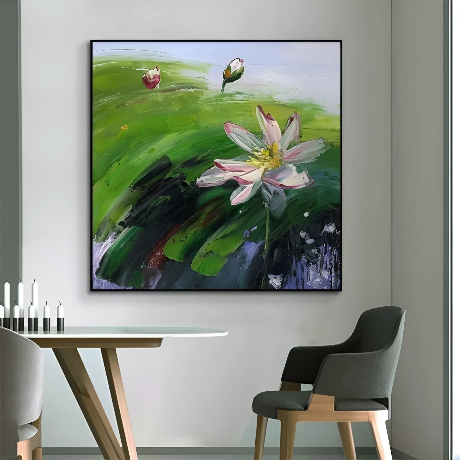 Hand-painted abstract countryside oil painting of rural landscape with lotus flowers on square canvas wall art