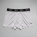 Men's loose fit silk shorts in navy blue on a mannequin, showing mid waist and casual cut