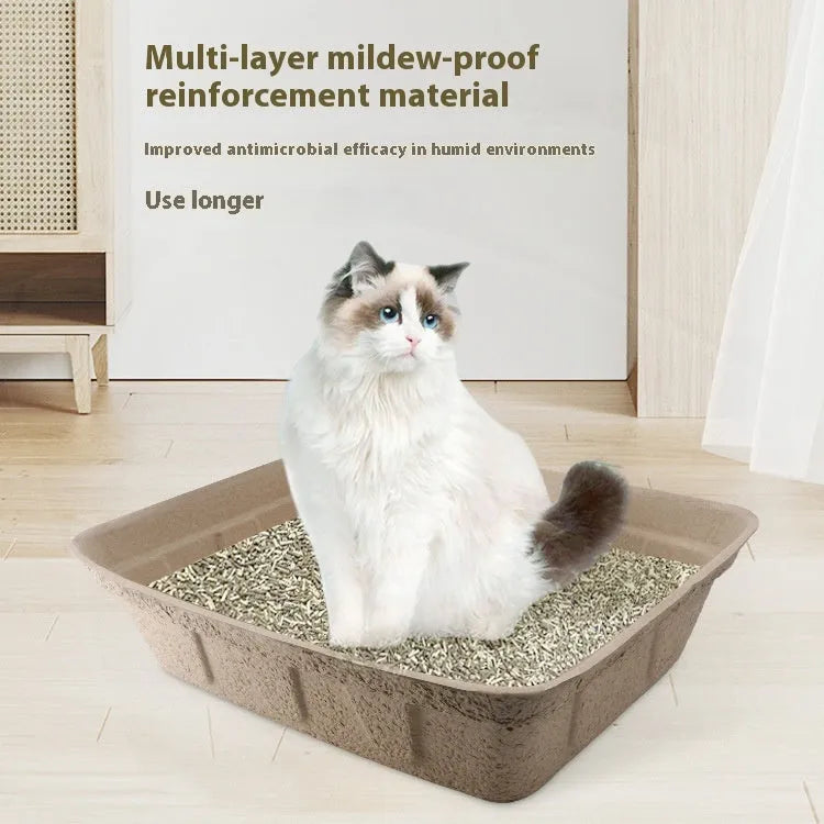 Brown disposable cat litter box showing waterproof biodegradable construction with three size options displayed