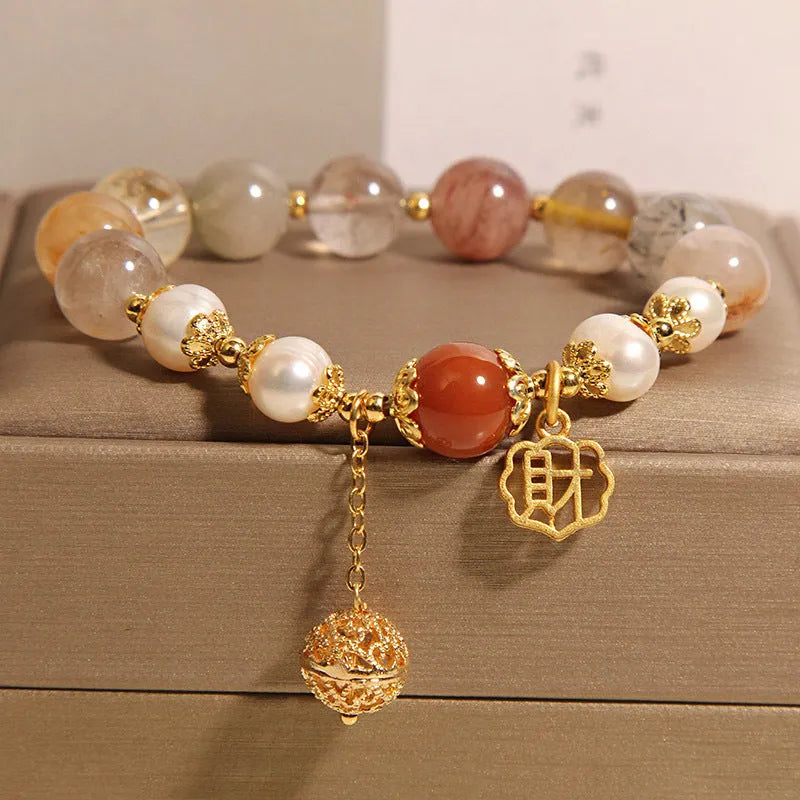Women's crystal pearl bracelet with colourful hair crystal pearls and Chinese character Cai decoration