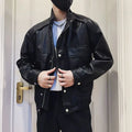 Korean style black PU leather jacket for men with straight hem and no hood
