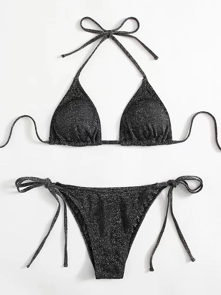 Women's khaki gold bandage bikini swimsuit with split hip detail on the briefs.