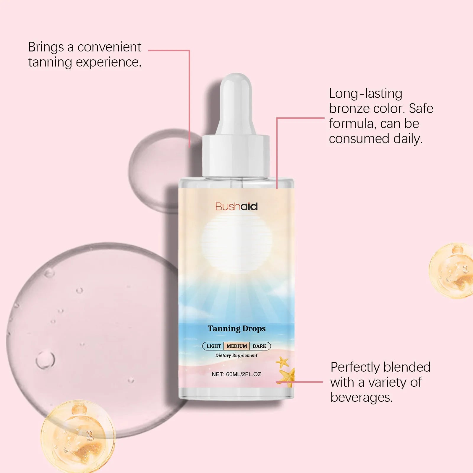 No Sunlight Tanning Drops 60ml bottle for body tanning without UV exposure