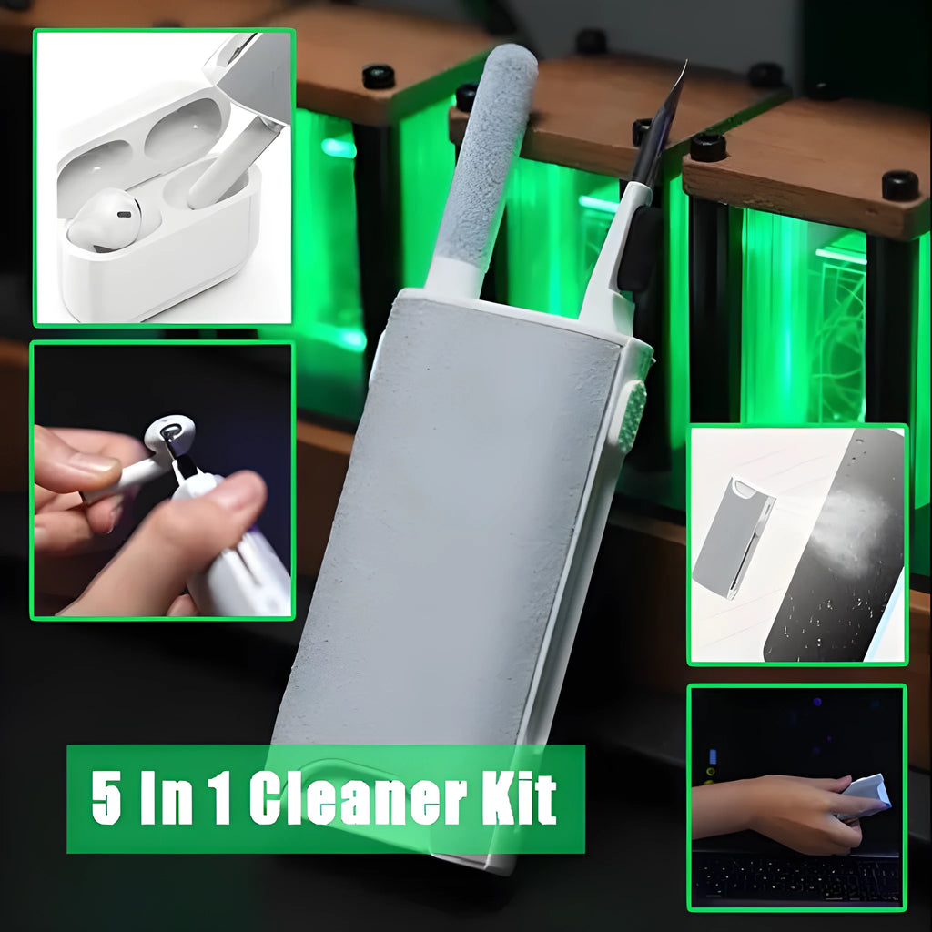 5-in-1 screen cleaner kit with flocking sponge, brush, and metal tip for electronic device cleaning