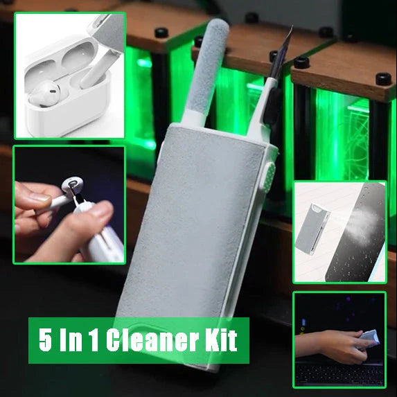 Premium 5-in-1 screen cleaning kit with brush, metal tip, and flocking sponge for phones, tablets, laptops, and earbuds