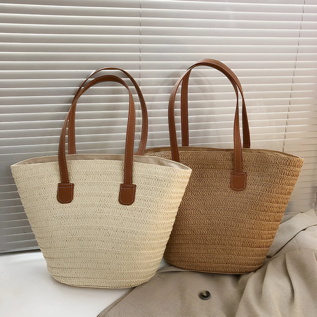 Straw weaving women's handbag in off white with contrast colour detailing