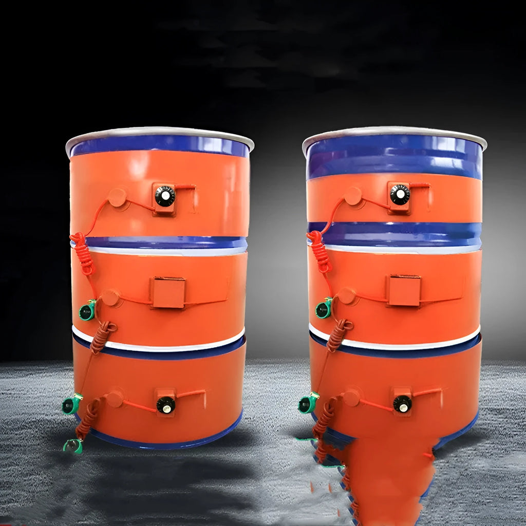 Silicone rubber heating belt wrapped around 200-litre oil drum with digital display control unit