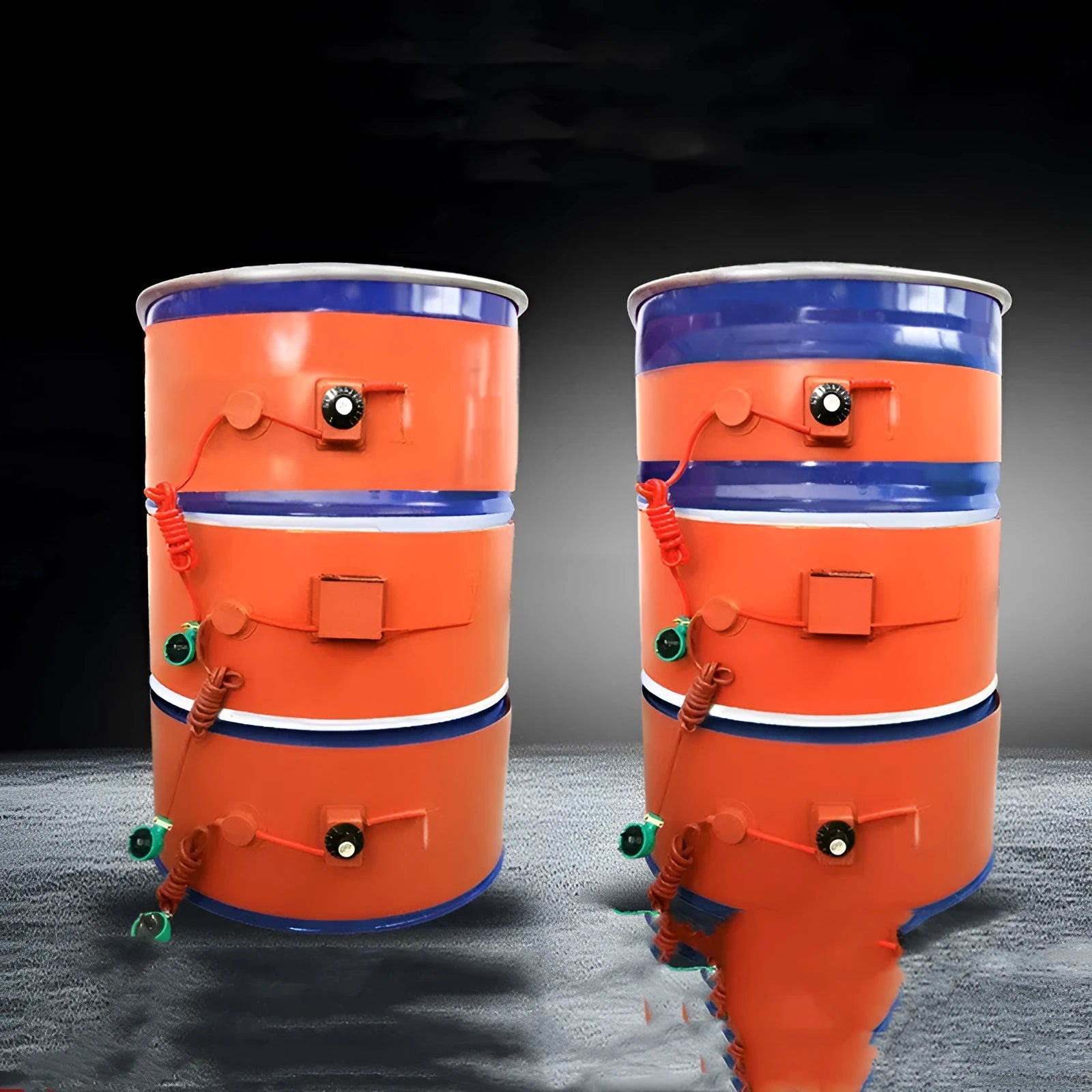 Silicone rubber heating belt wrapped around 200-litre oil drum with digital display control unit