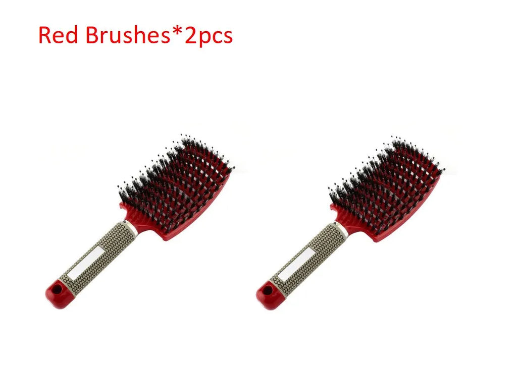 Hairbrush with bristle and nylon teeth, arched design, and non-slip rubber handle in black, white, pink, red, purple, and golden black options