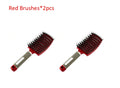 Hairbrush with bristle and nylon teeth, arched design, and non-slip rubber handle in black, white, pink, red, purple, and golden black options