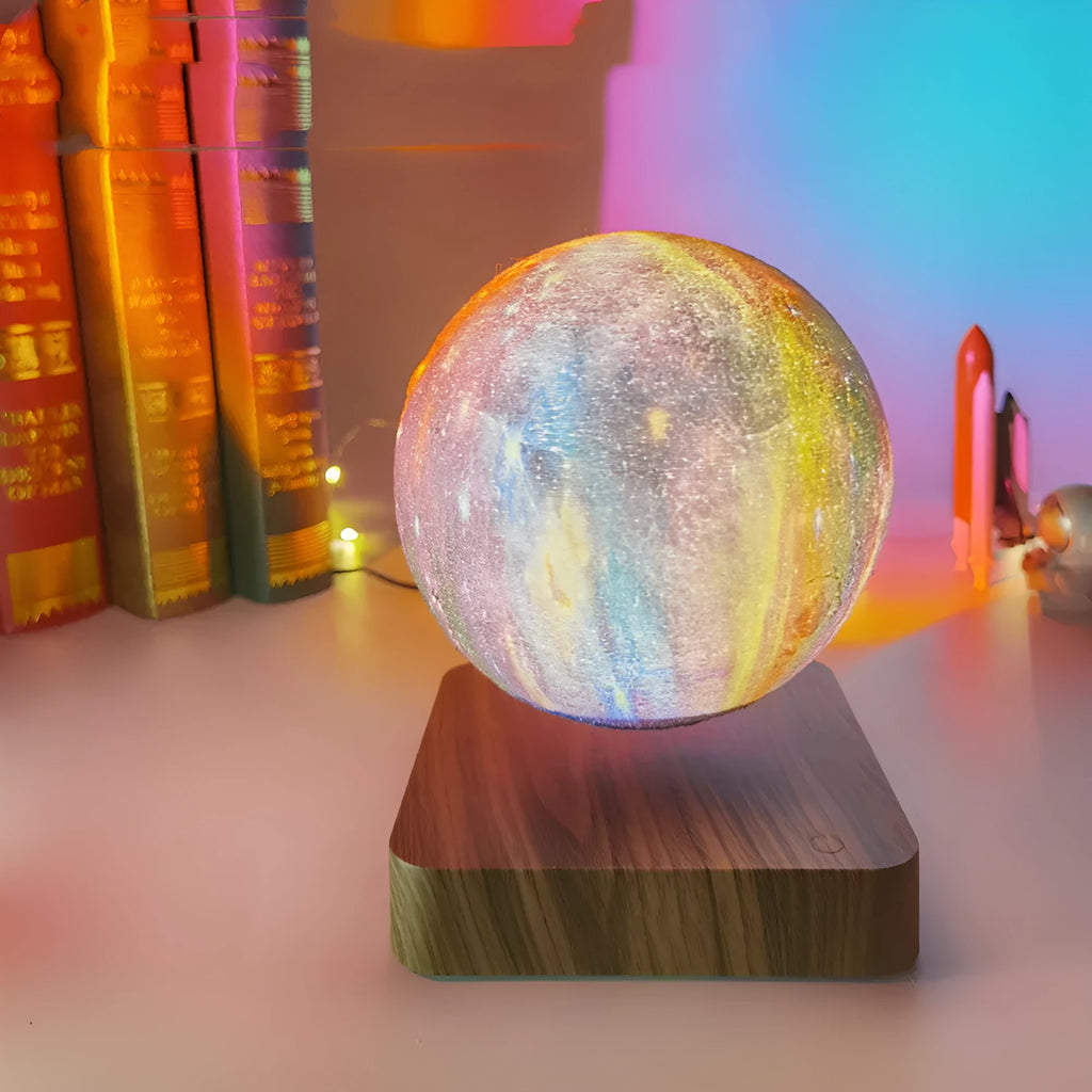 Magnetic levitation galaxy decorative light with floating 14 cm moon lamp above square walnut base