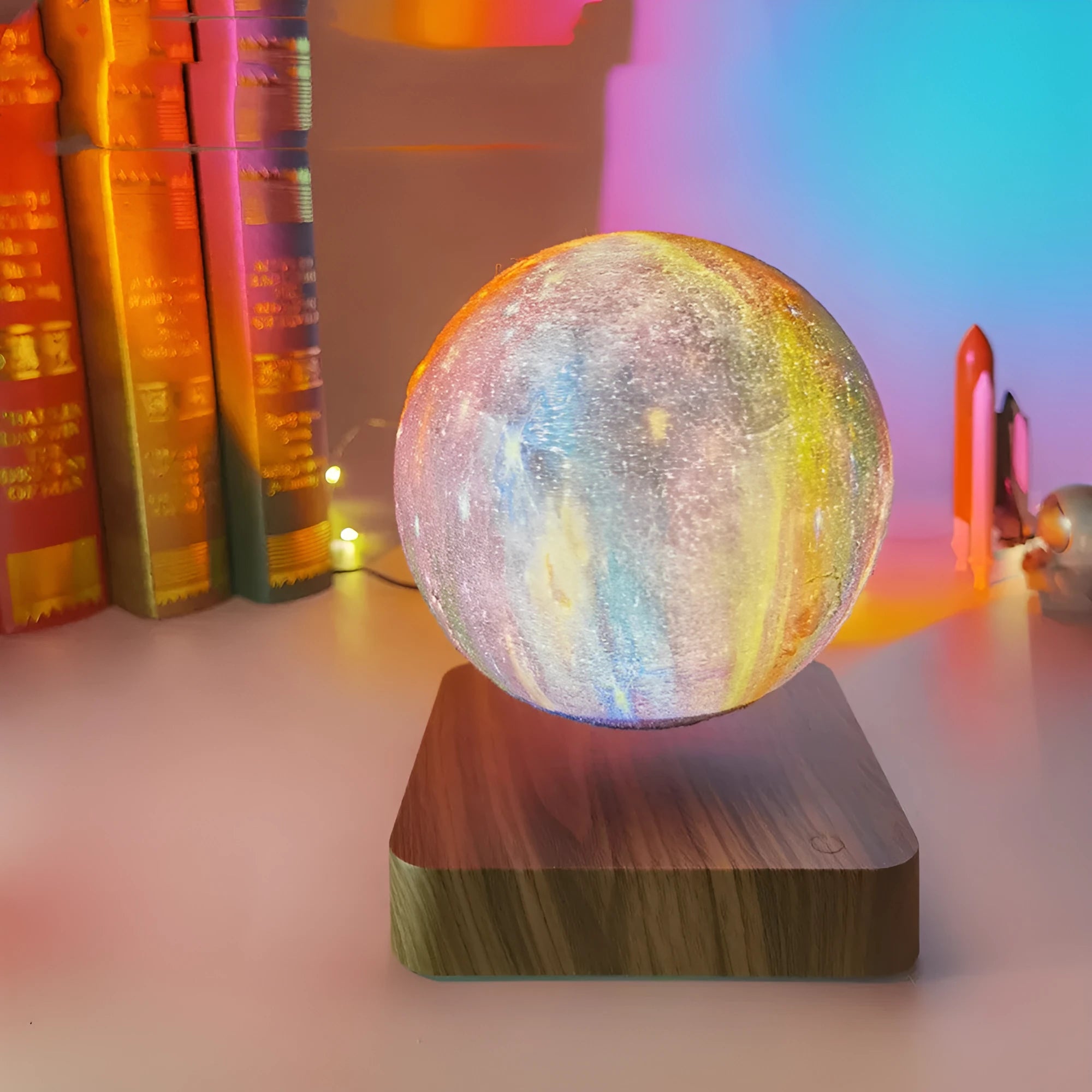 Magnetic levitation galaxy decorative light with floating 14 cm moon lamp above square walnut base