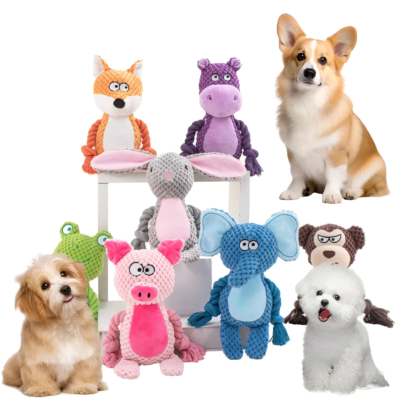 Plush animal dog toy with cotton rope and squeaker for tug of war training