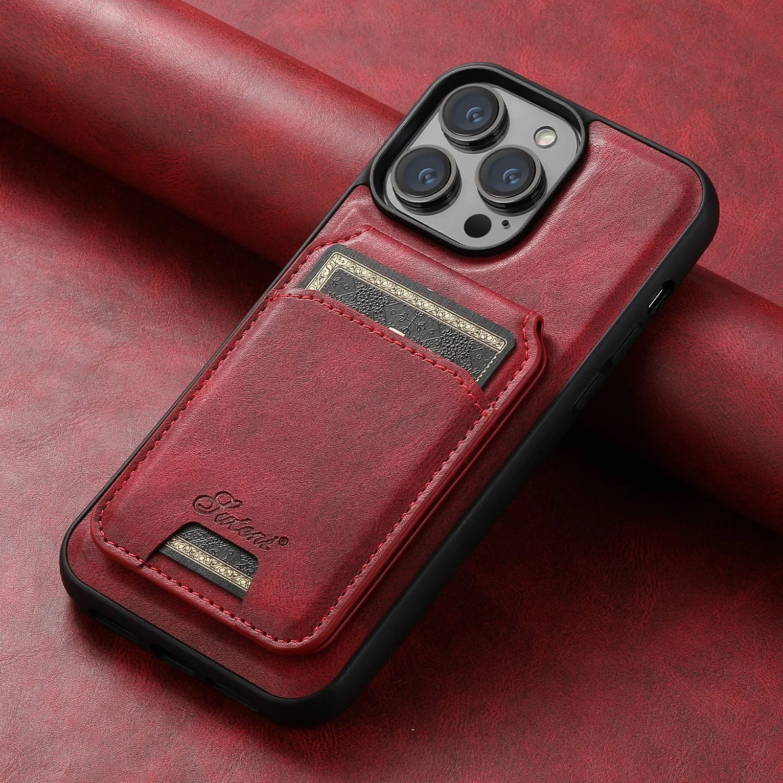 Black silicone Magsafe iPhone case with built-in rear card holder and oil wax pattern finish.
