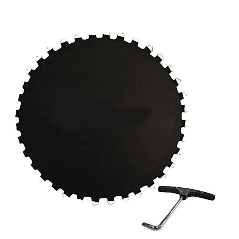 Large round white trampoline elastic fabric replacement mat with multiple attachment buttons around the edge.