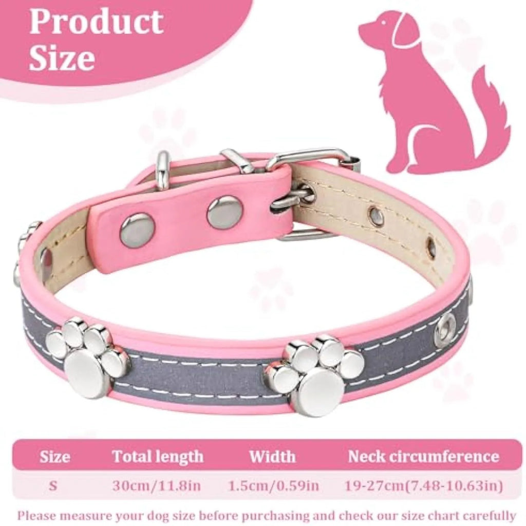 Reflective adjustable PU leather dog collar with metal paw rivet on a grey background.