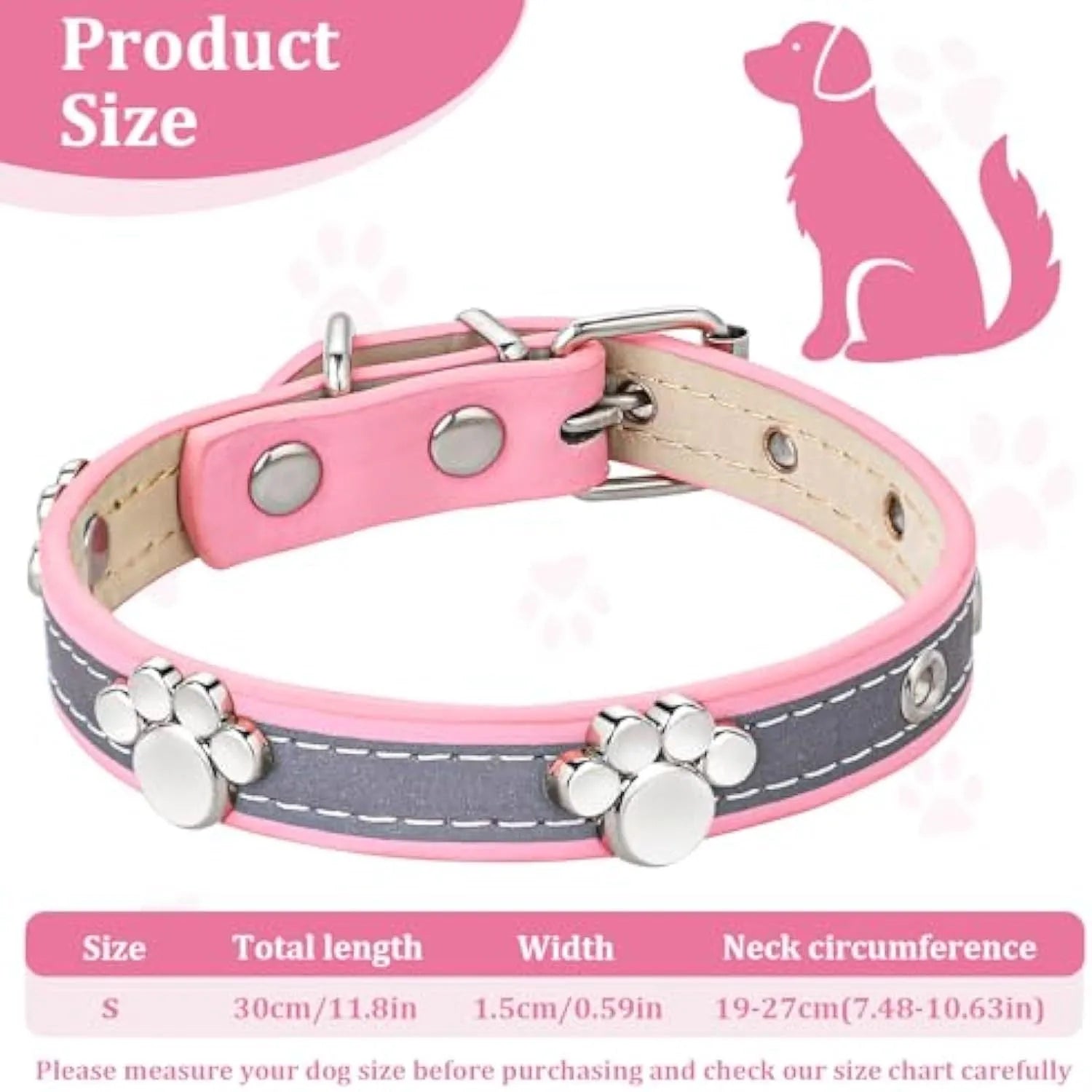 Reflective adjustable PU leather dog collar with metal paw rivet on a grey background.