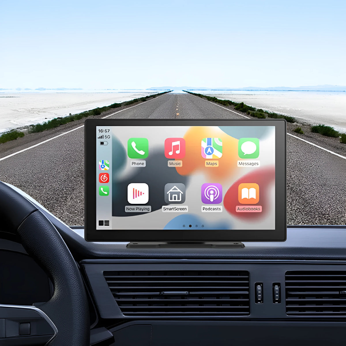 9-inch CarPlay driving recorder with dual lenses for front and rear recording mounted at centre console
