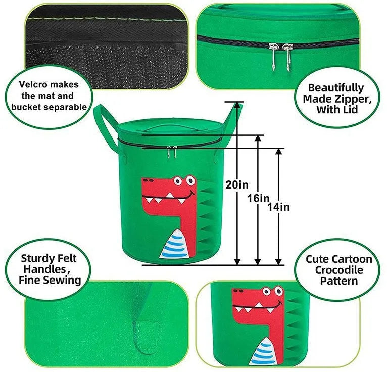 Green foldable felt cube storage bag with pull rope, shown both as a container and laid flat as a play mat.