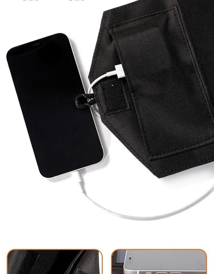 Monocrystalline solar charging board panel portable outdoor power bank charger in black with foldable design