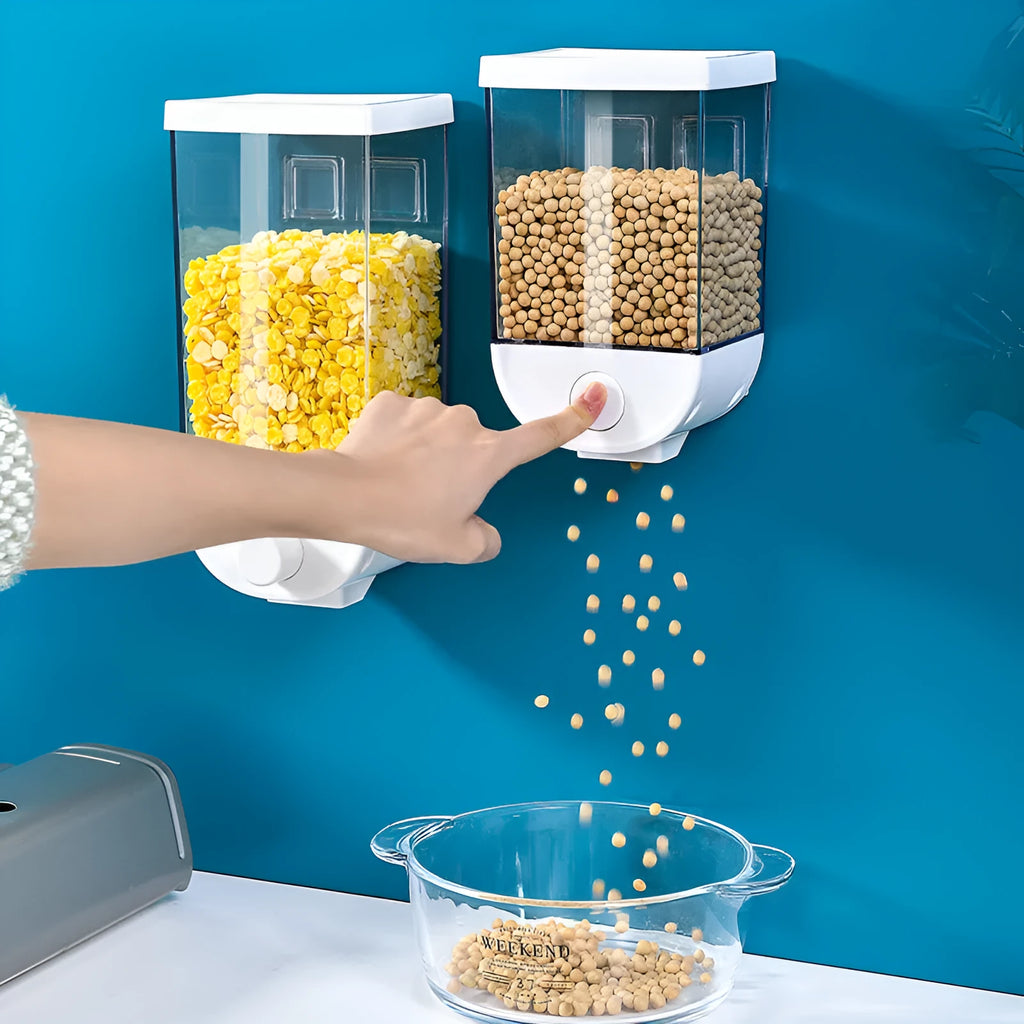 White wall mounted cereal dispenser transparent ABS plastic food storage container with easy press lid