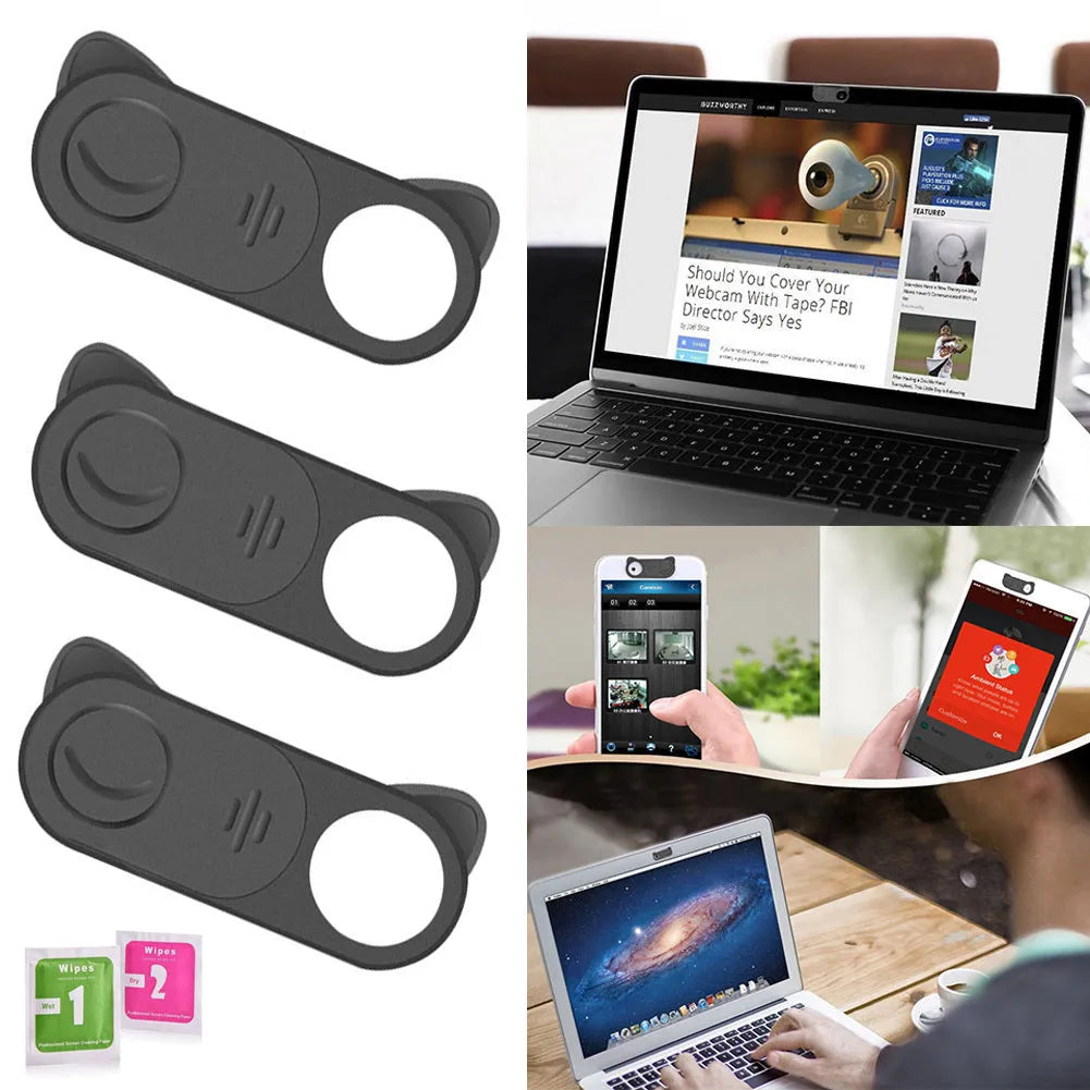 Black plastic webcam privacy cover with sliding shutter, 18mm x 9mm, for laptop tablet phone