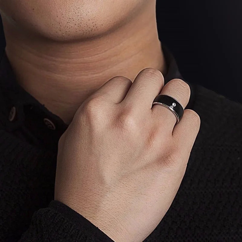 Black NFC multifunctional smart ring in sizes 6 to 13, waterproof and no power supply needed.