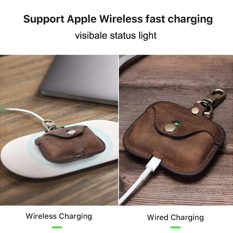 Brown leather AirPods Pro clamshell cover with vintage crazy horse pattern texture