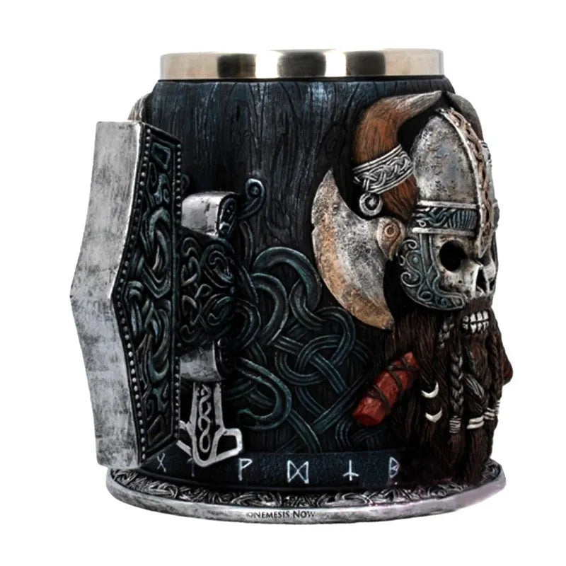 Viking Pirate Beer Mug hand-painted black resin with removable stainless steel insert, runic base and Mjolnir handle