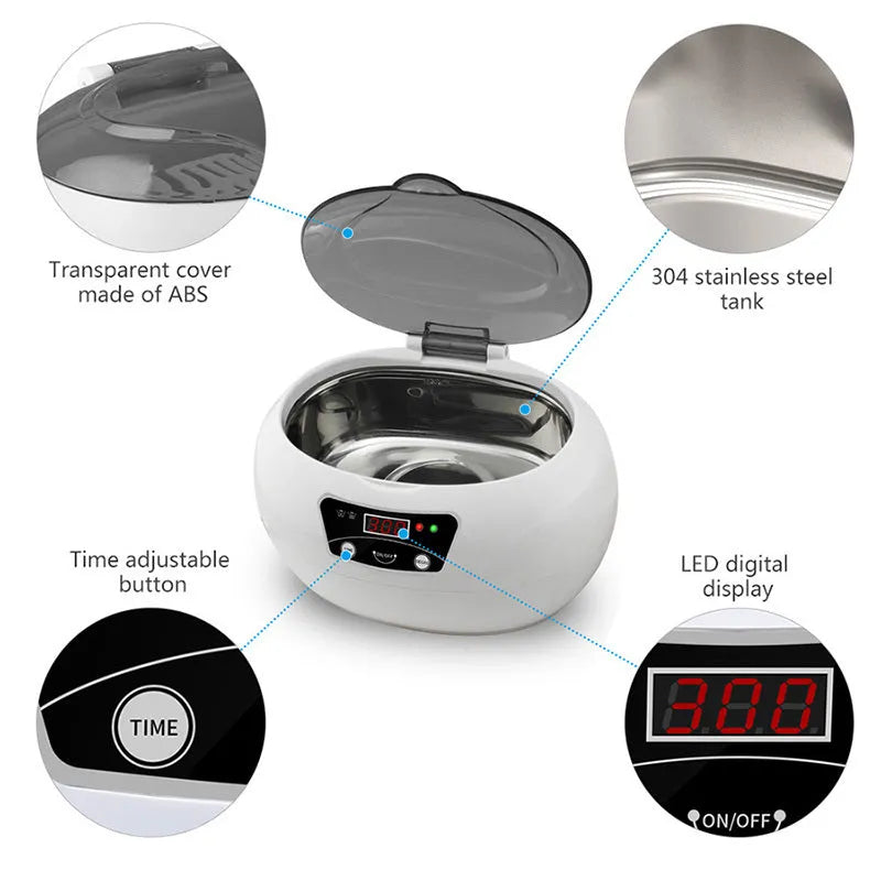 White blue ultrasonic cleaning machine with digital control panel on a countertop, 40KHz household appliance