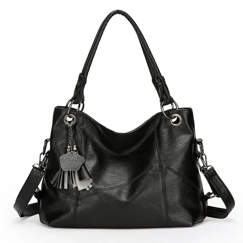 Retro large capacity soft PU stitching handbag in black with horizontal square shape and sandwich pocket