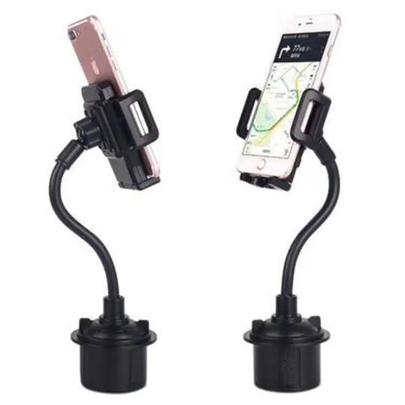 Black universal car phone mounting bracket with adjustable side handles, shown with suction cup and clip hook attachments