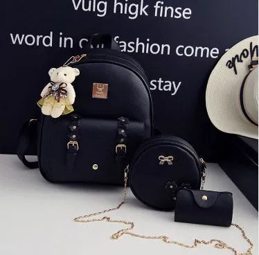 Three-piece PU leather backpack set for teenage girls showing backpack, shoulder bag and card holder